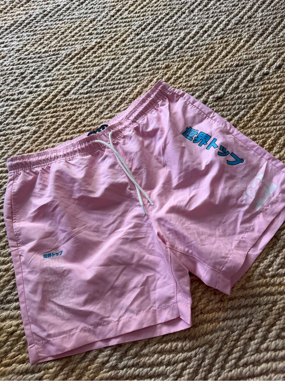 Men's Pink Swim Trunks with Blue Graphic